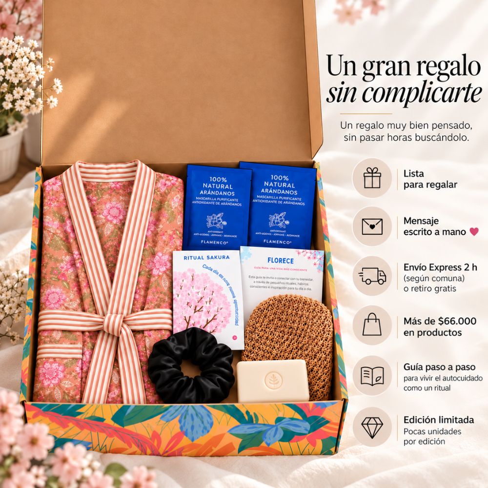 Caja de regalo Florece · bata, scrunchie de seda y skincare